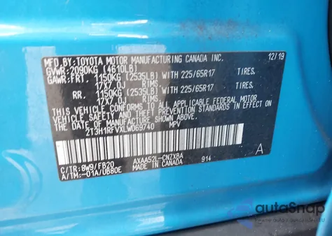 2020 Toyota Rav4 Le z USA, uszkodzony, nr VIN 2T3H1RFVXLW069740